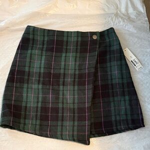 NOBO Green and Black Plaid Wrap Mini Skirt with Pink Stripes